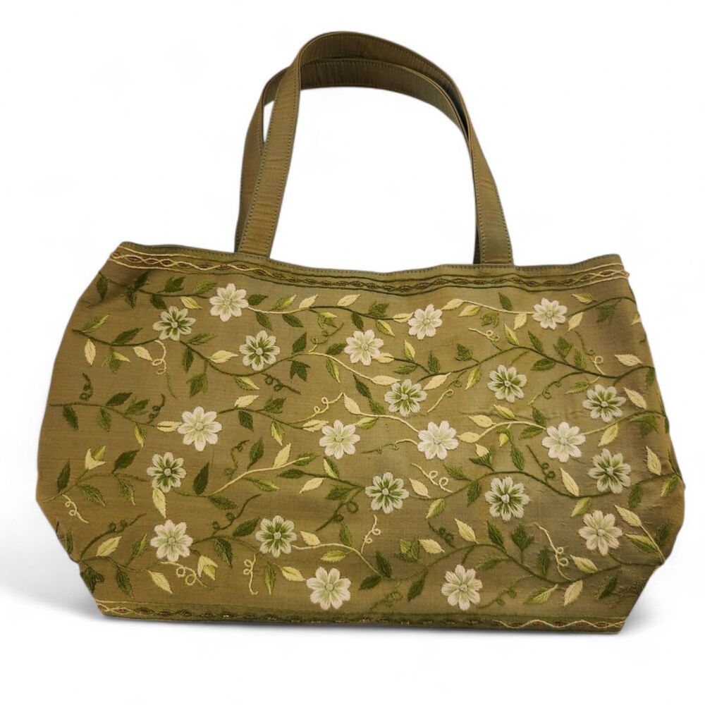 Silk Green Tote Purse Embroidered White Floral Design, 3 Compartments – 16"x9.5"